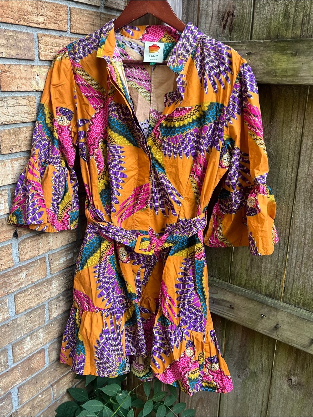 FARM Rio Vibrant Mustard Yellow Multicolor Printed Belted Dress